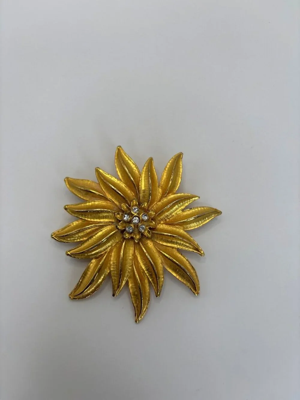 Vintage Gold Tone Large Floral Brooch Pin Rhinestone Center